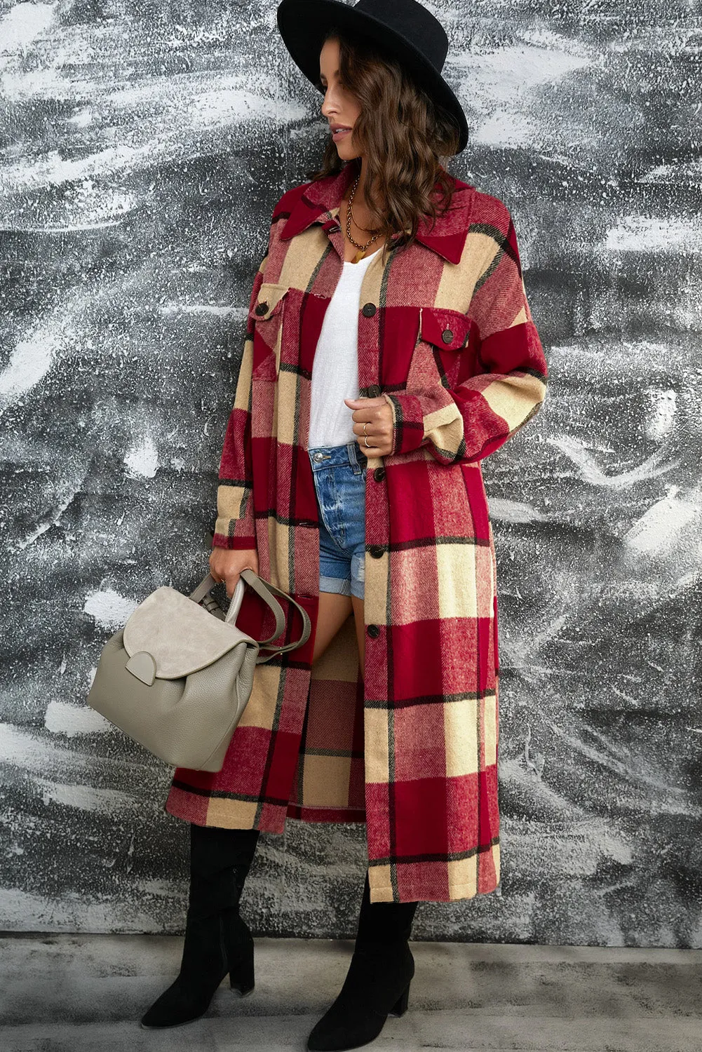 Women's Casual Shacket Jacket Pocketed Plaid Overcoat