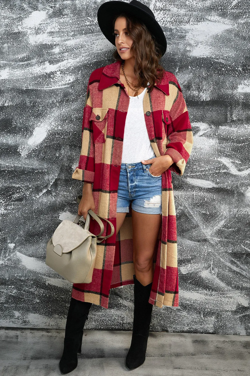 Women's Casual Shacket Jacket Pocketed Plaid Overcoat