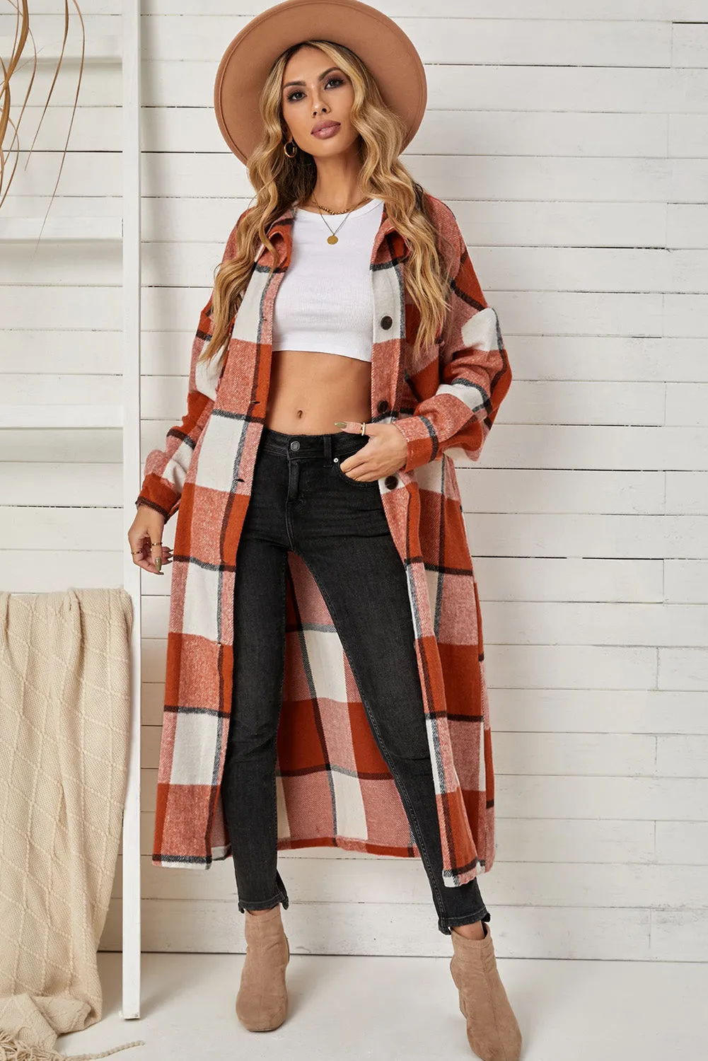 Women's Casual Shacket Jacket Pocketed Plaid Overcoat