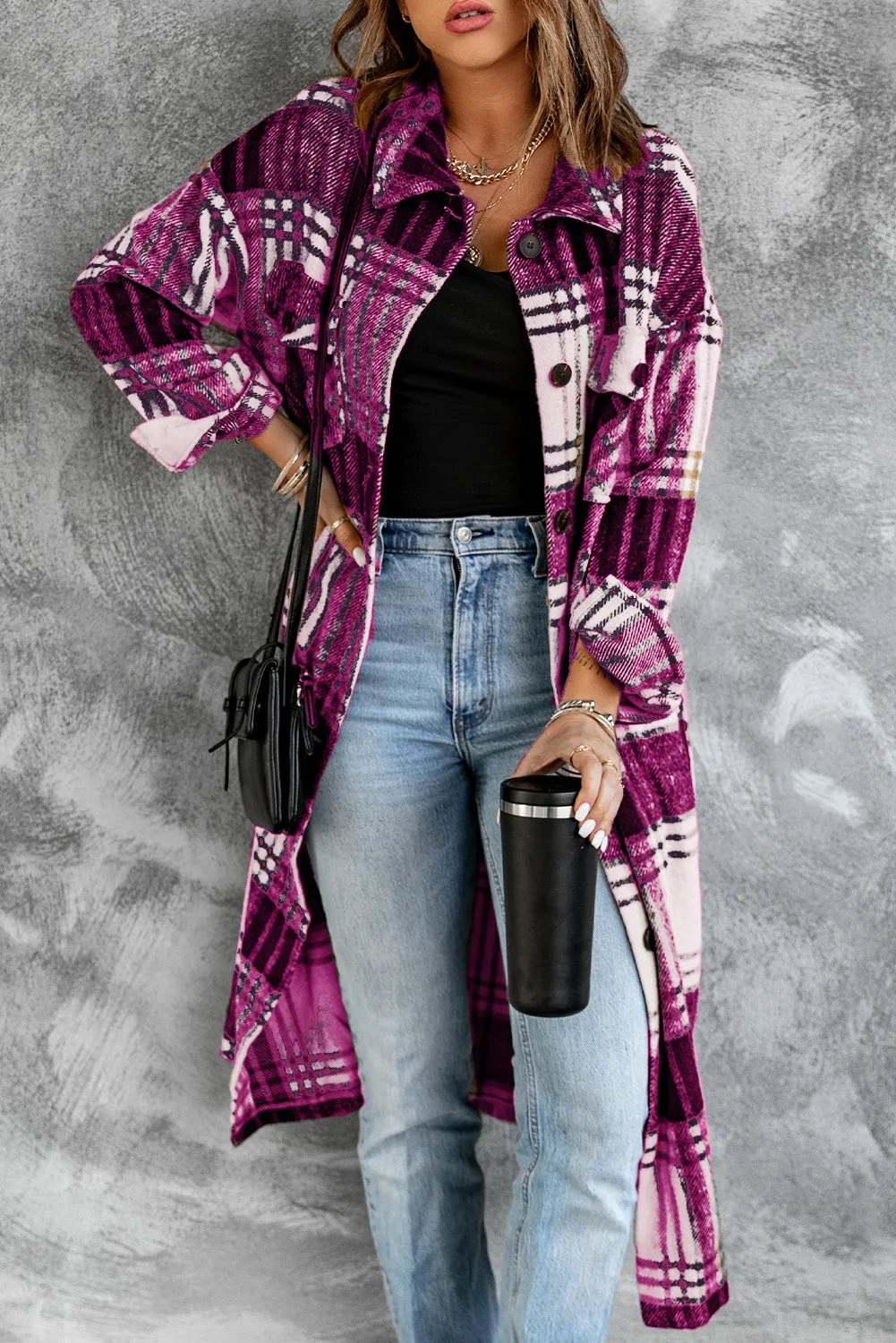 Women's Casual Shacket Jacket Pocketed Plaid Overcoat