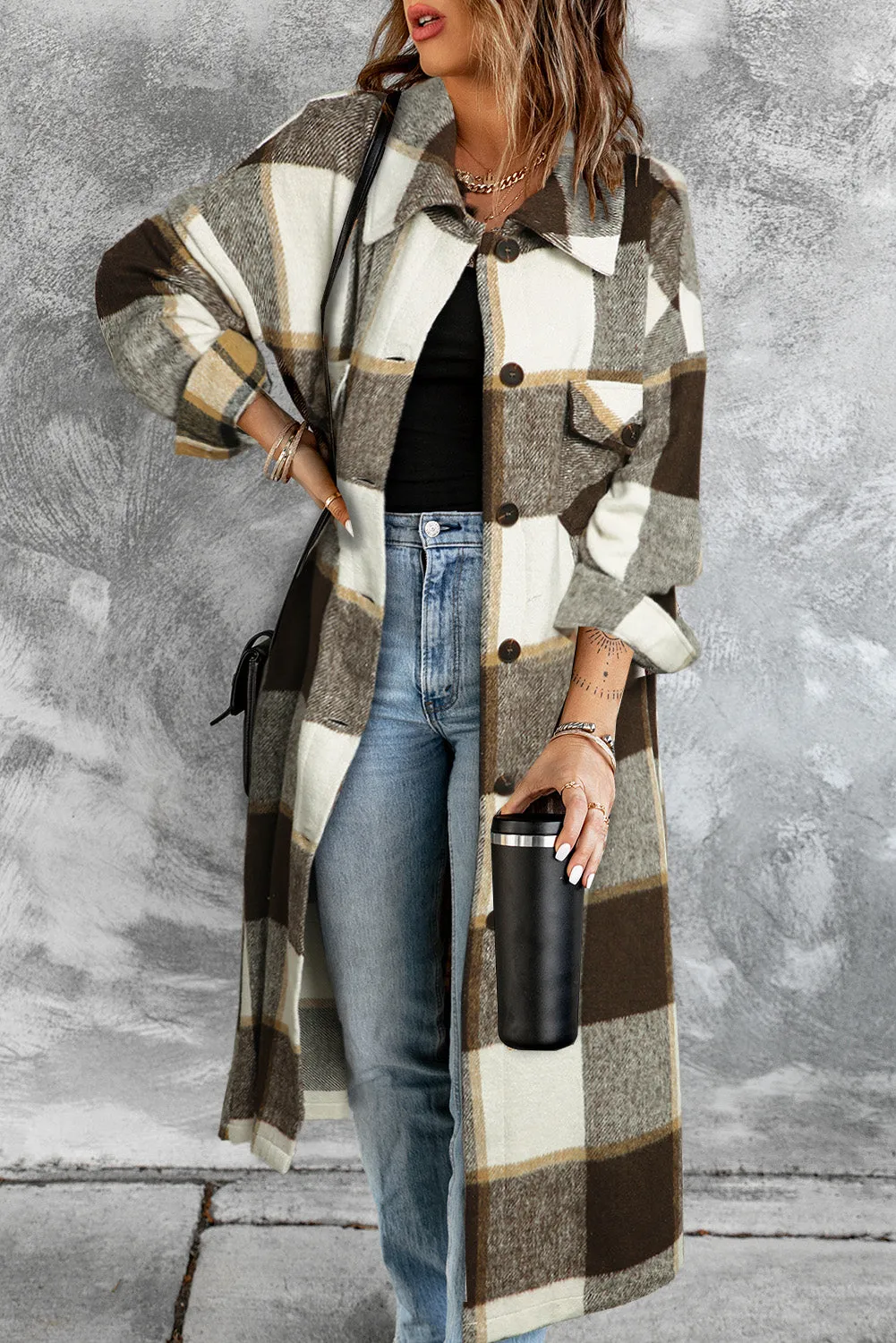 Women's Casual Shacket Jacket Pocketed Plaid Overcoat