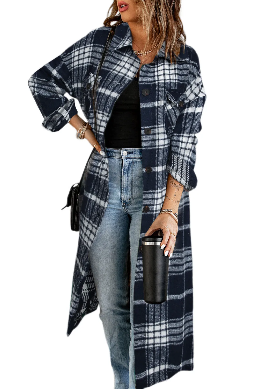 Women's Casual Shacket Jacket Pocketed Plaid Overcoat