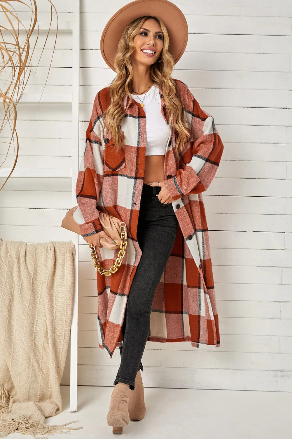 Women's Casual Shacket Jacket Pocketed Plaid Overcoat