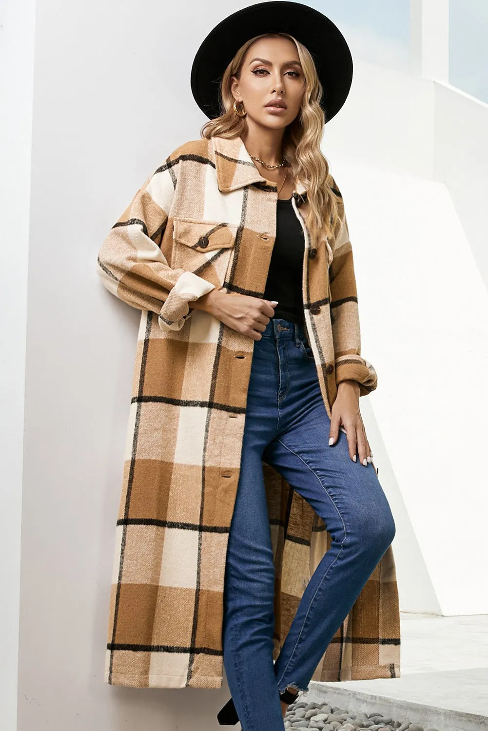 Women's Casual Shacket Jacket Pocketed Plaid Overcoat