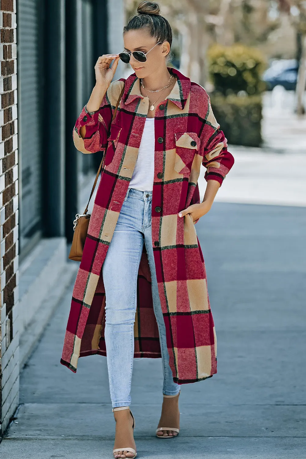 Women's Casual Shacket Jacket Pocketed Plaid Overcoat