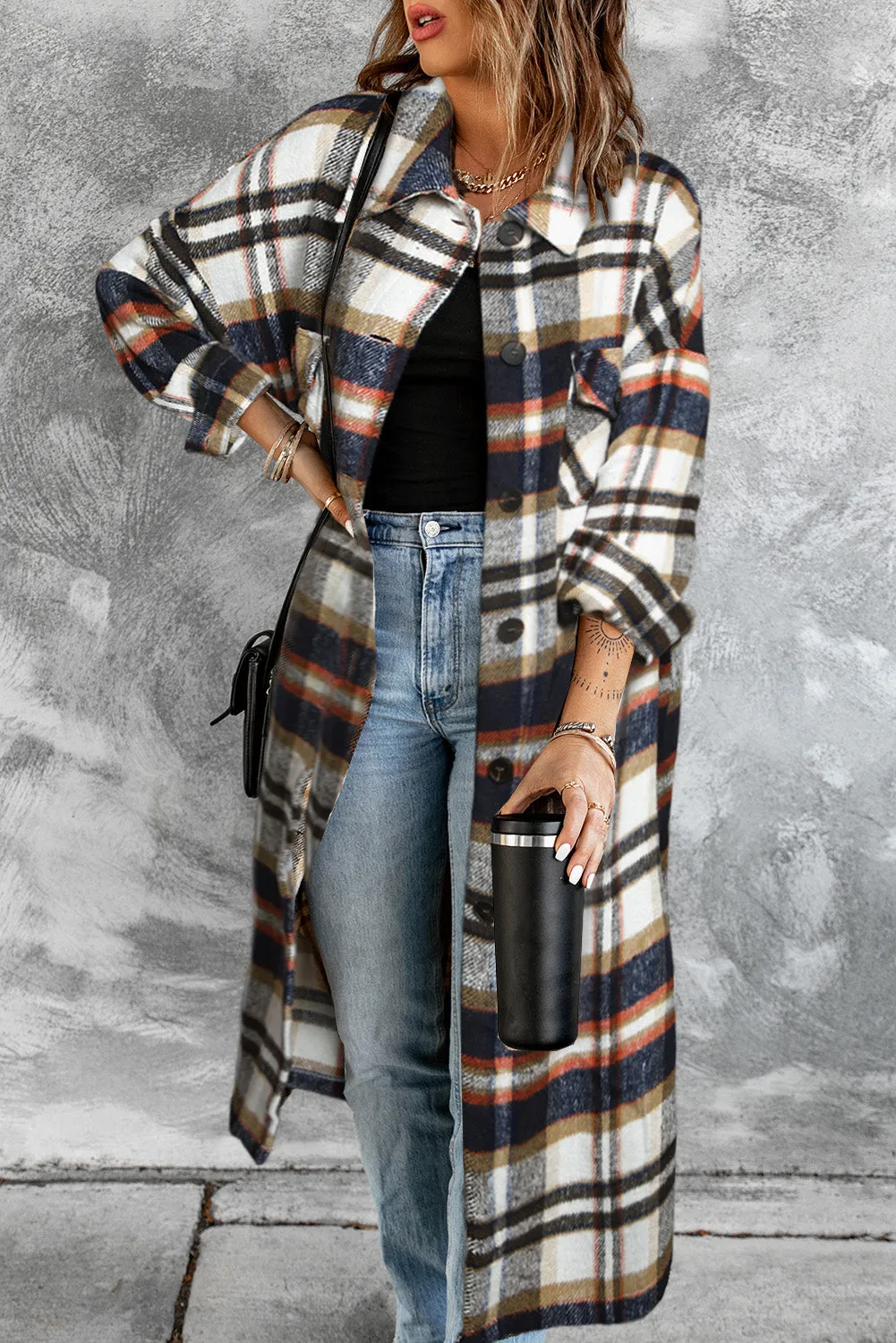 Women's Casual Shacket Jacket Pocketed Plaid Overcoat