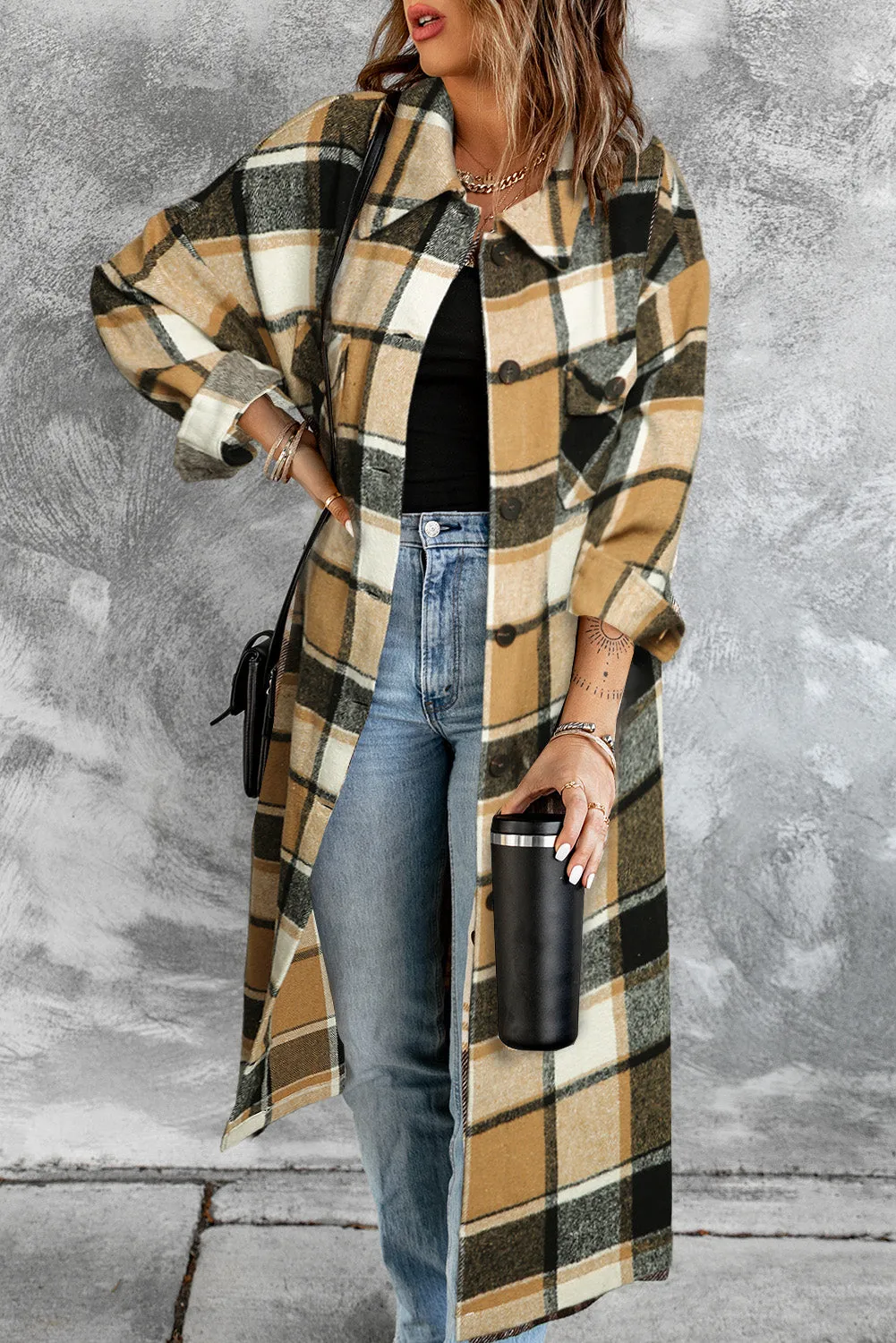 Women's Casual Shacket Jacket Pocketed Plaid Overcoat