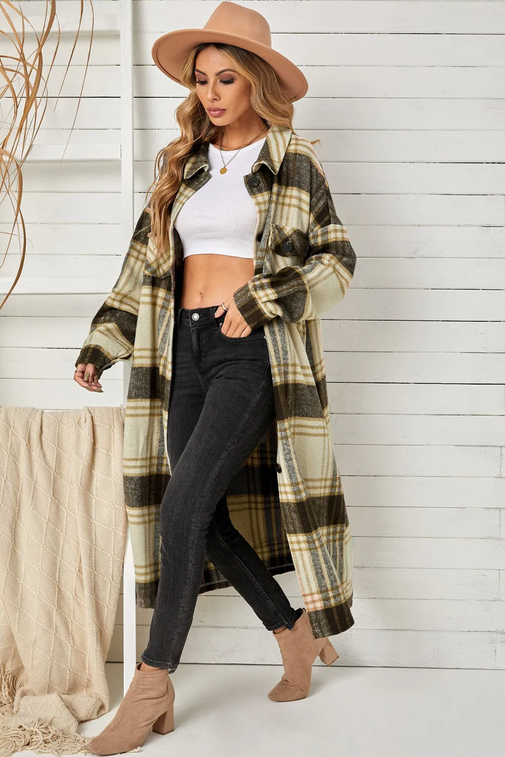 Women's Casual Shacket Jacket Pocketed Plaid Overcoat