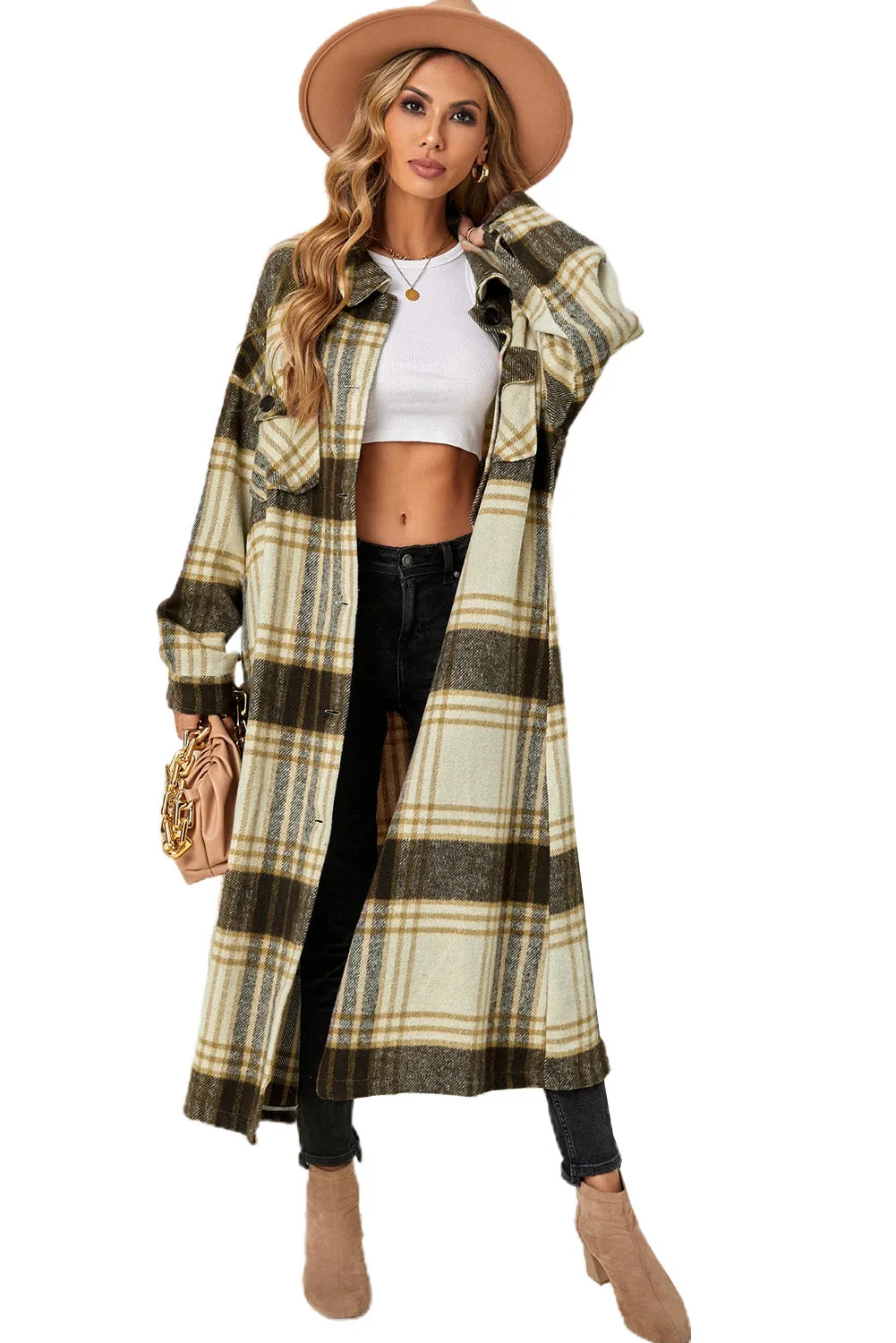 Women's Casual Shacket Jacket Pocketed Plaid Overcoat