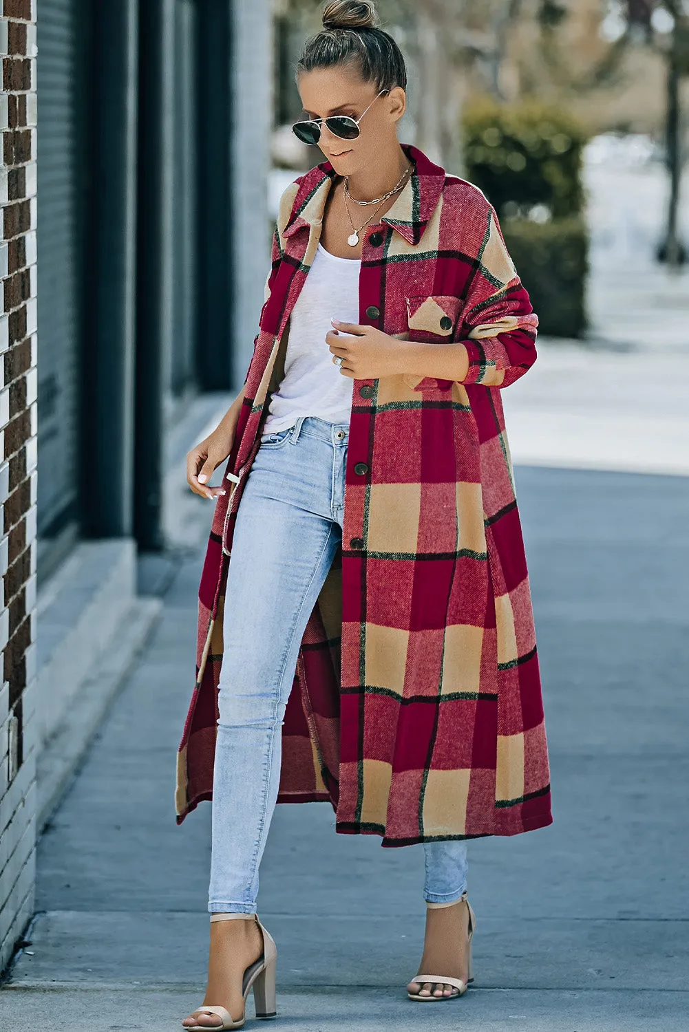 Women's Casual Shacket Jacket Pocketed Plaid Overcoat