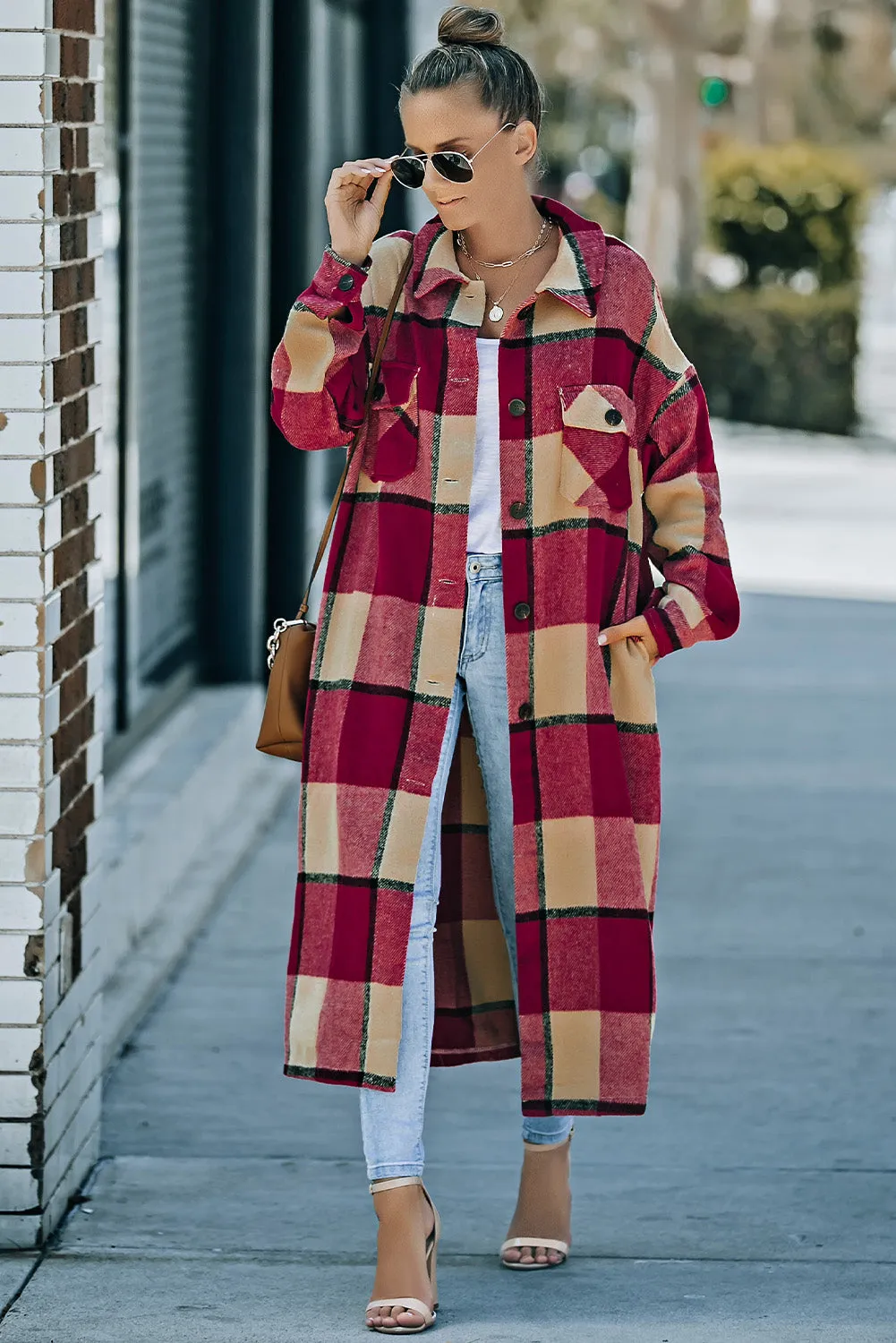 Women's Casual Shacket Jacket Pocketed Plaid Overcoat