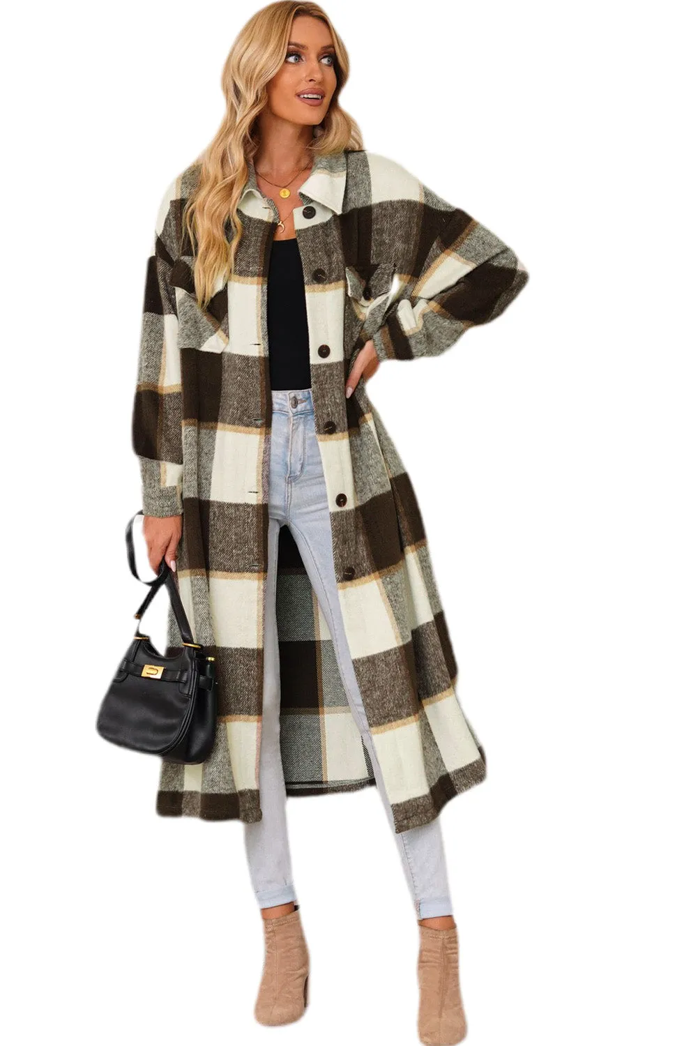 Women's Casual Shacket Jacket Pocketed Plaid Overcoat