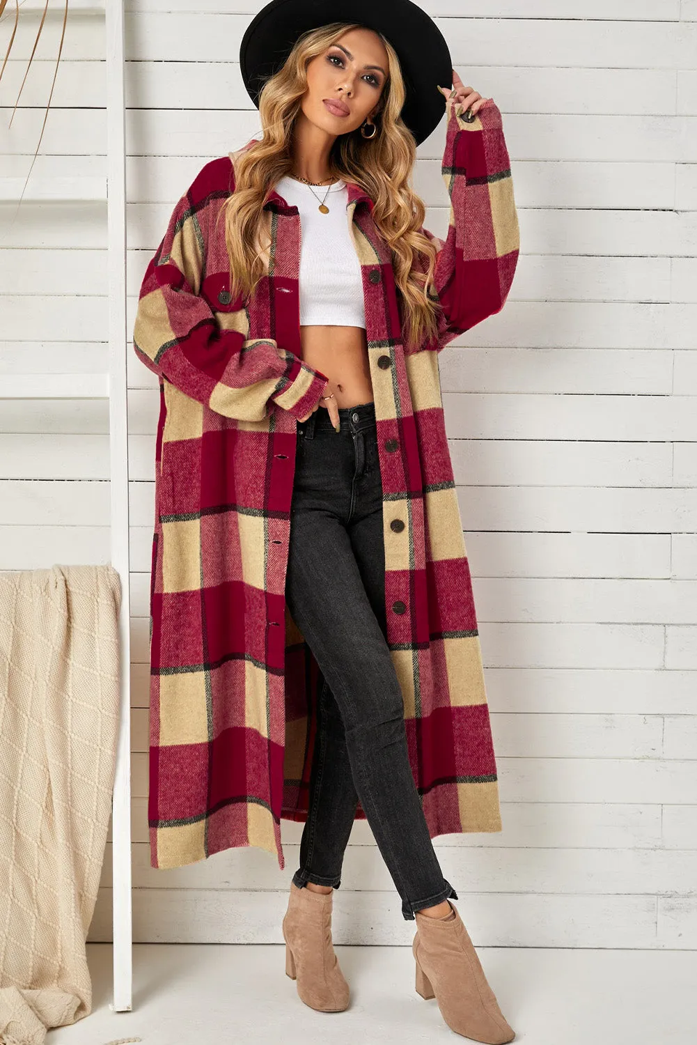 Women's Casual Shacket Jacket Pocketed Plaid Overcoat