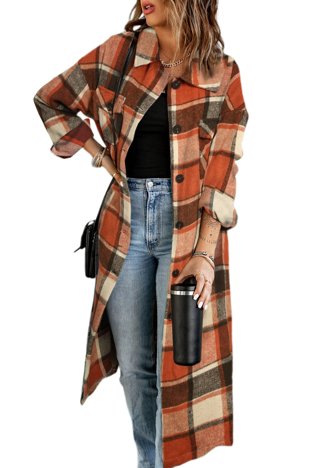 Women's Casual Shacket Jacket Pocketed Plaid Overcoat