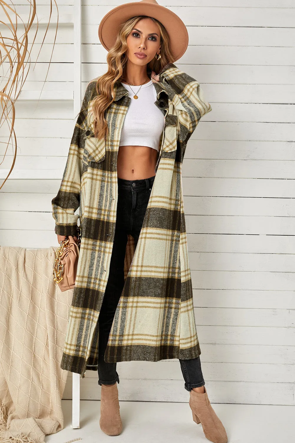 Women's Casual Shacket Jacket Pocketed Plaid Overcoat