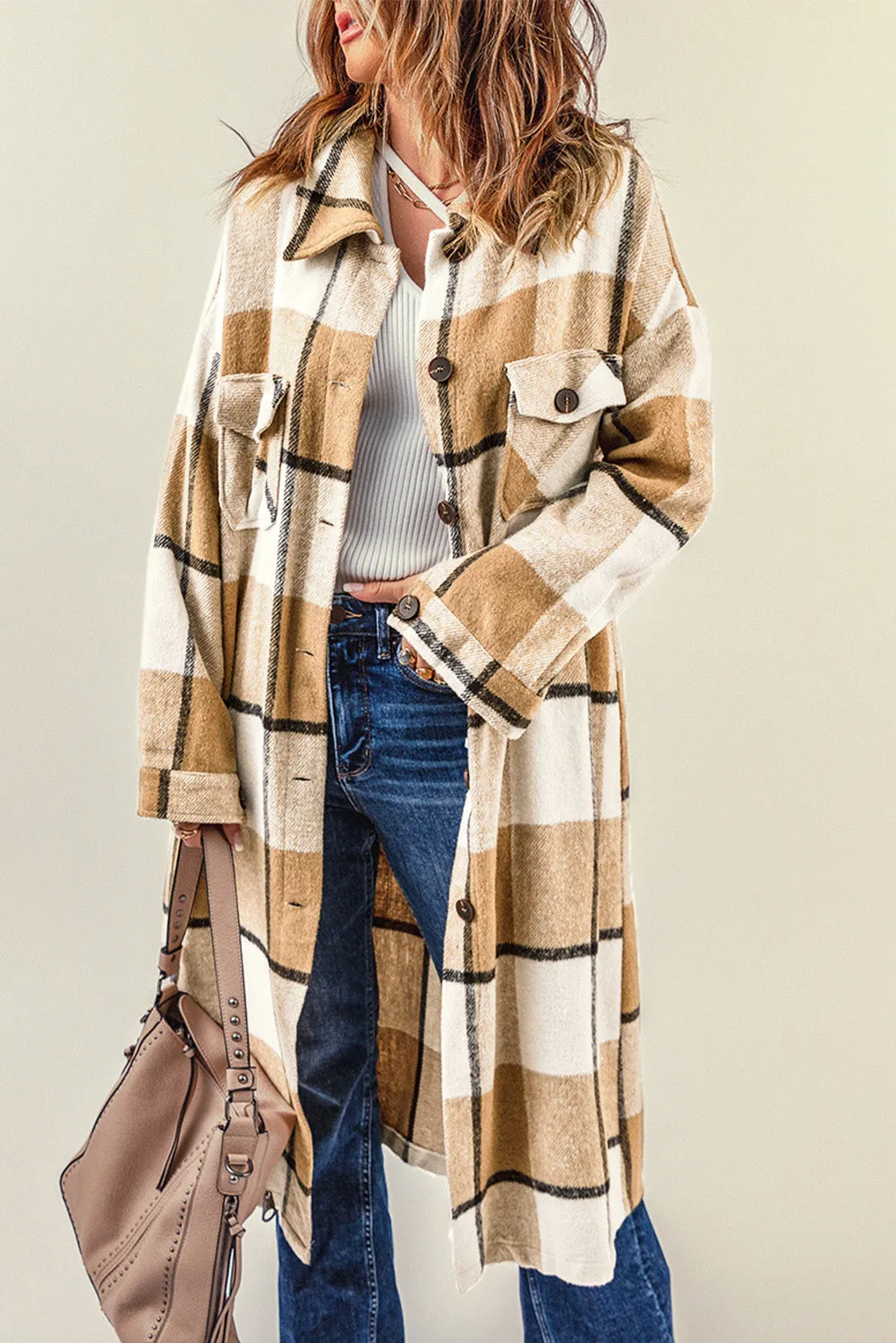 Women's Casual Shacket Jacket Pocketed Plaid Overcoat