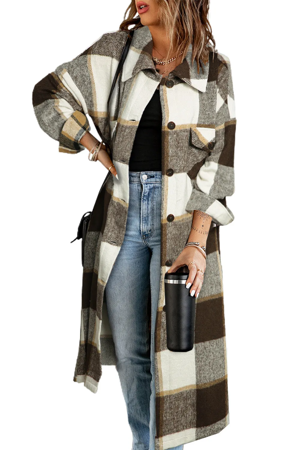 Women's Casual Shacket Jacket Pocketed Plaid Overcoat