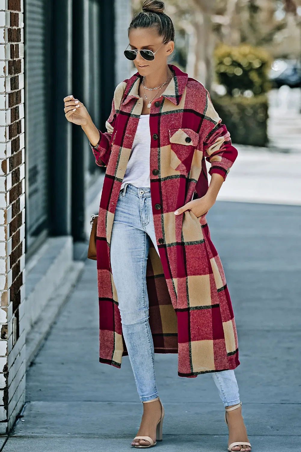 Women's Casual Shacket Jacket Pocketed Plaid Overcoat