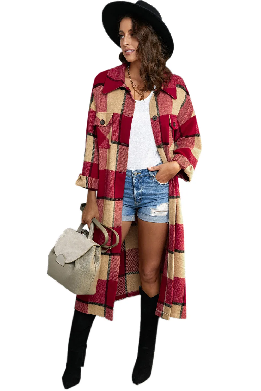 Women's Casual Shacket Jacket Pocketed Plaid Overcoat