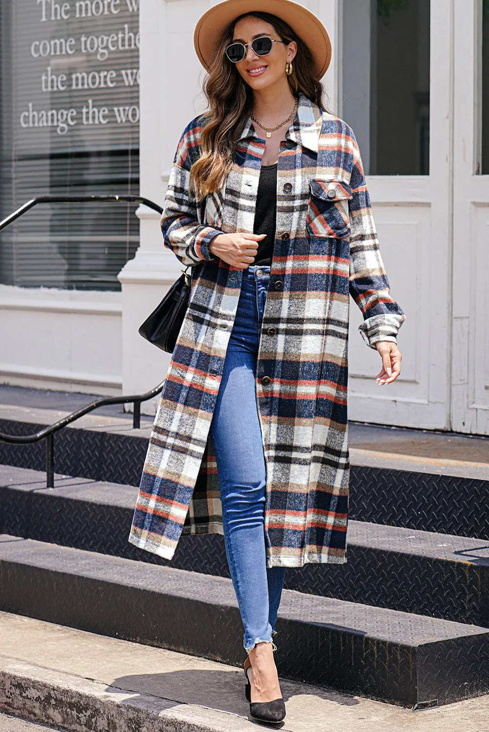 Women's Casual Shacket Jacket Pocketed Plaid Overcoat