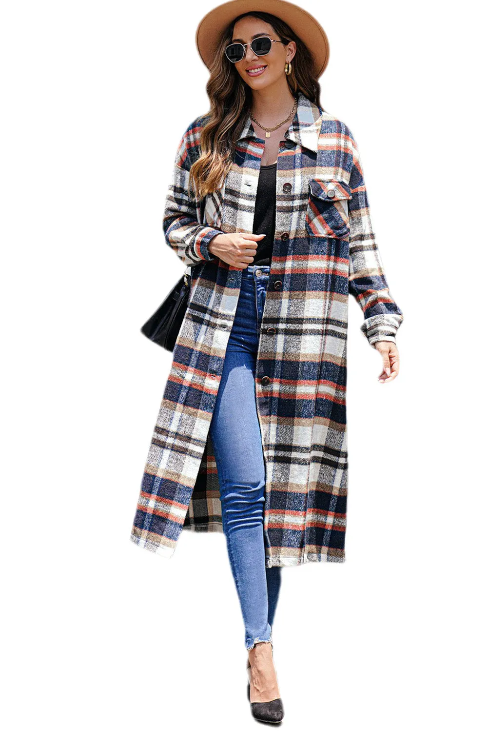 Women's Casual Shacket Jacket Pocketed Plaid Overcoat