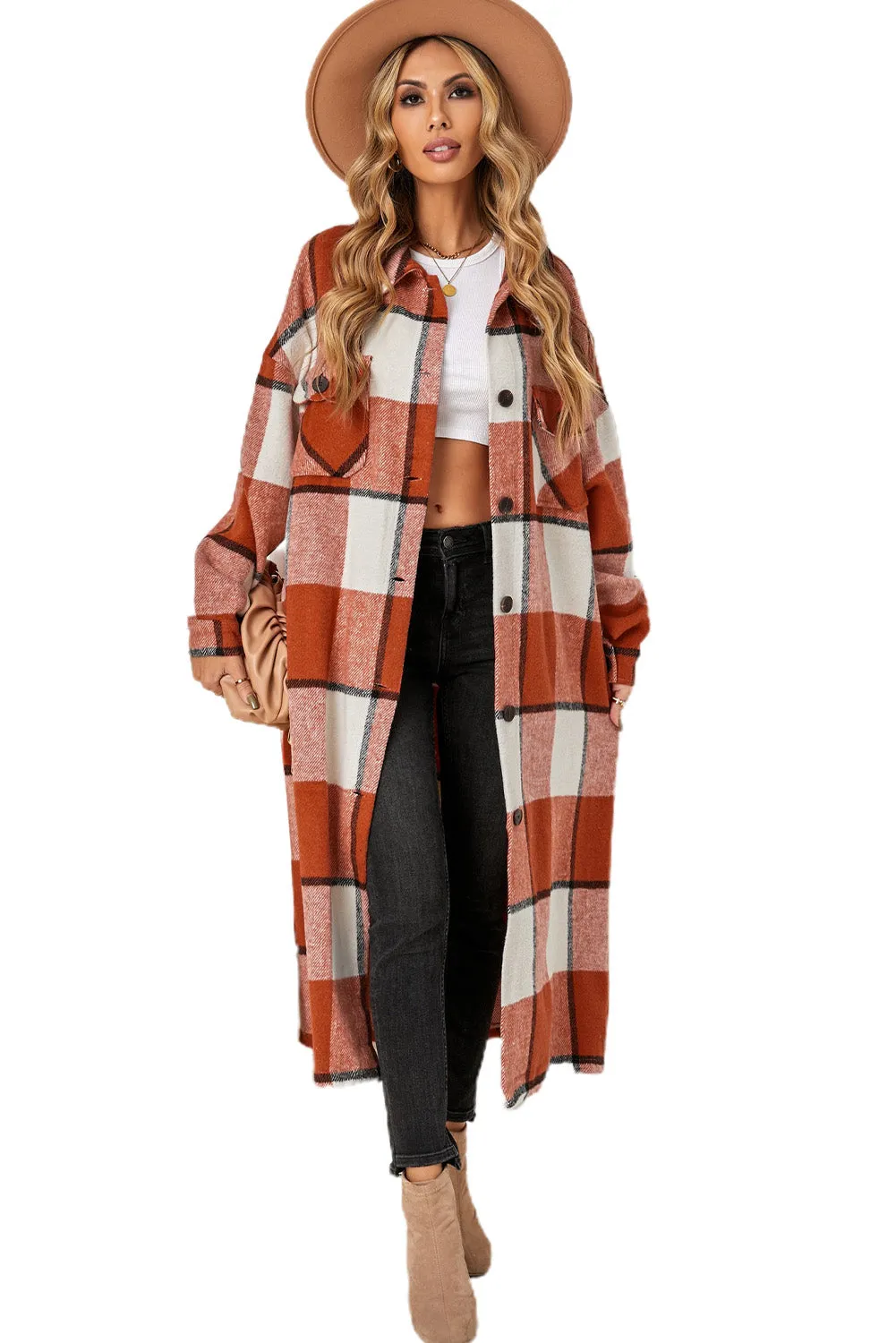 Women's Casual Shacket Jacket Pocketed Plaid Overcoat