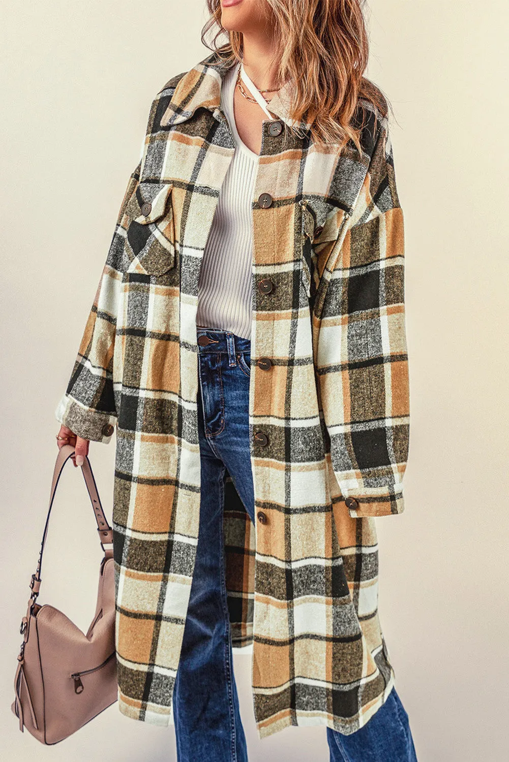 Women's Casual Shacket Jacket Pocketed Plaid Overcoat