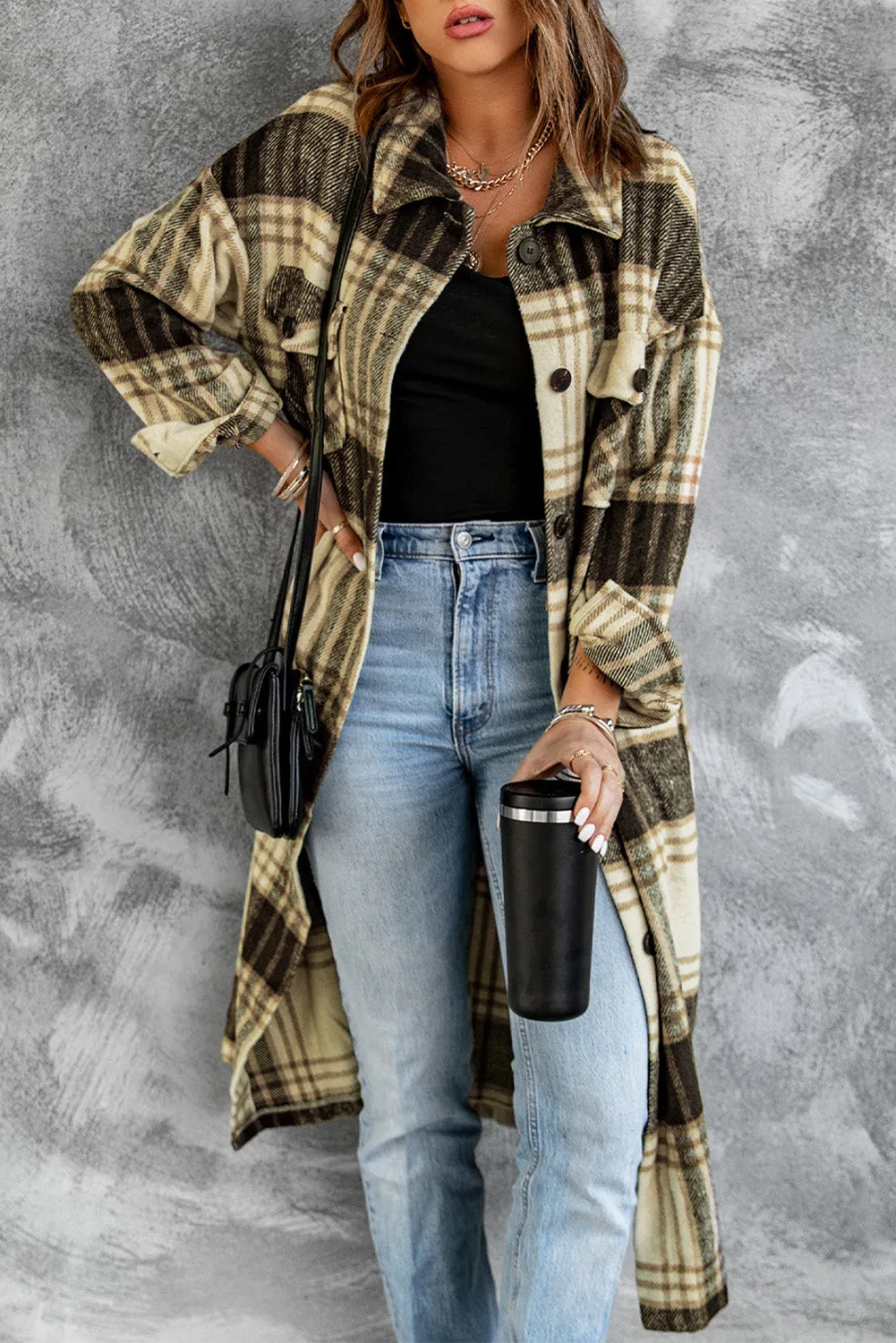 Women's Casual Shacket Jacket Pocketed Plaid Overcoat