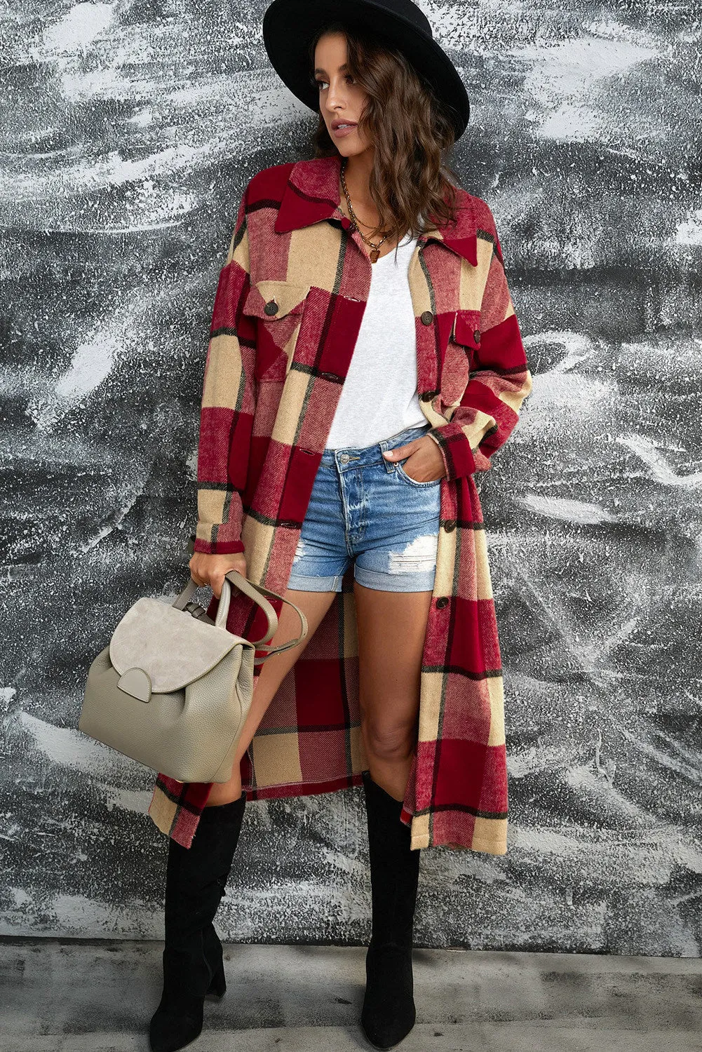 Women's Casual Shacket Jacket Pocketed Plaid Overcoat