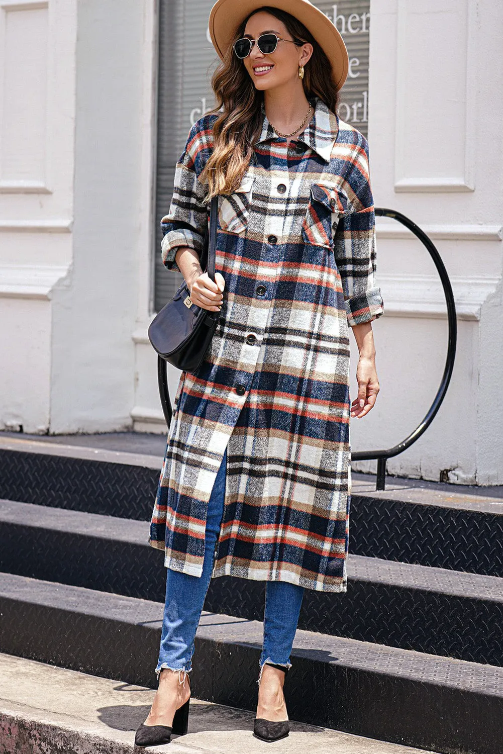 Women's Casual Shacket Jacket Pocketed Plaid Overcoat