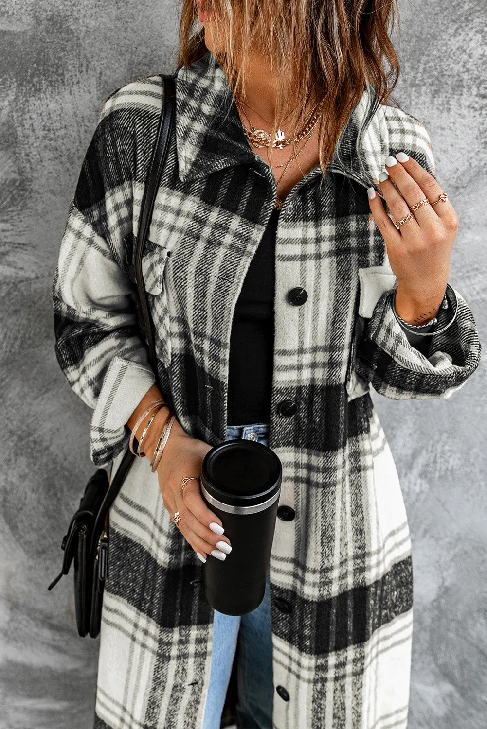 Women's Casual Shacket Jacket Pocketed Plaid Overcoat