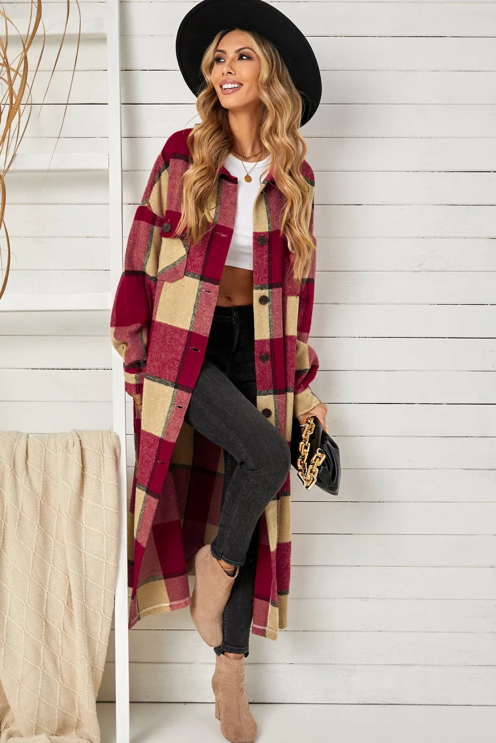 Women's Casual Shacket Jacket Pocketed Plaid Overcoat