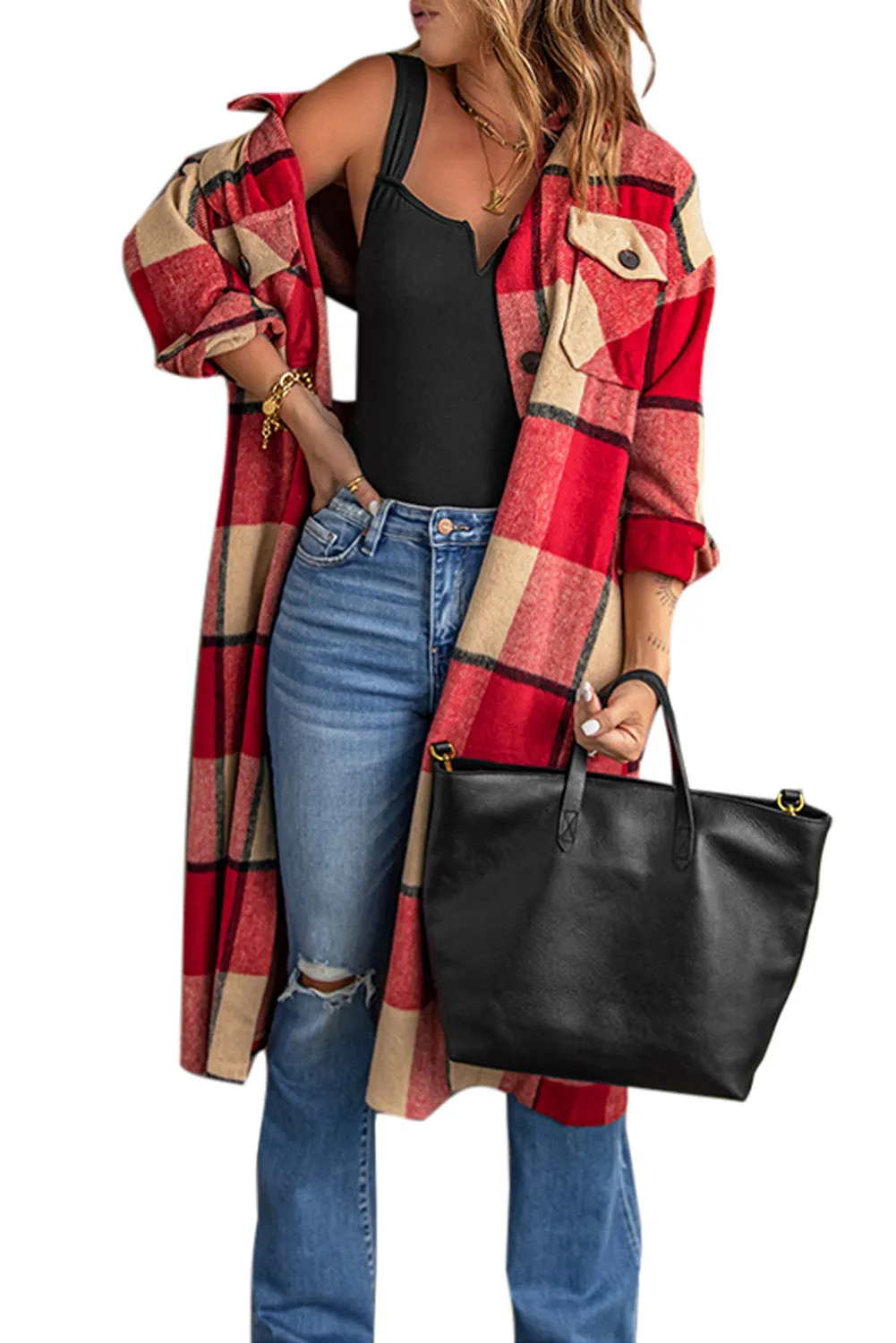 Women's Casual Shacket Jacket Pocketed Plaid Overcoat