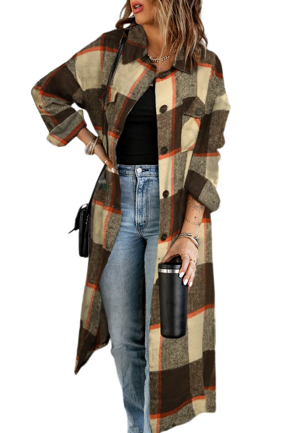 Women's Casual Shacket Jacket Pocketed Plaid Overcoat