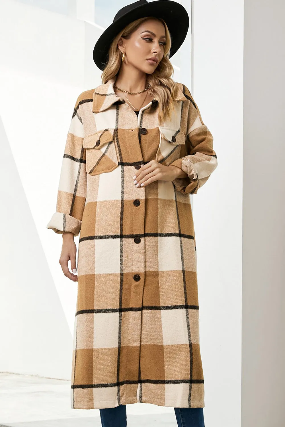 Women's Casual Shacket Jacket Pocketed Plaid Overcoat