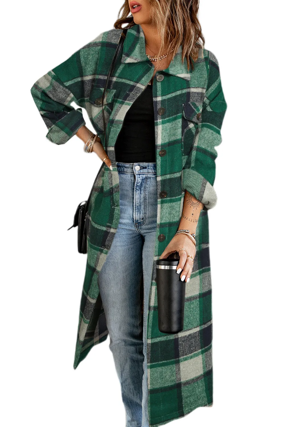 Women's Casual Shacket Jacket Pocketed Plaid Overcoat