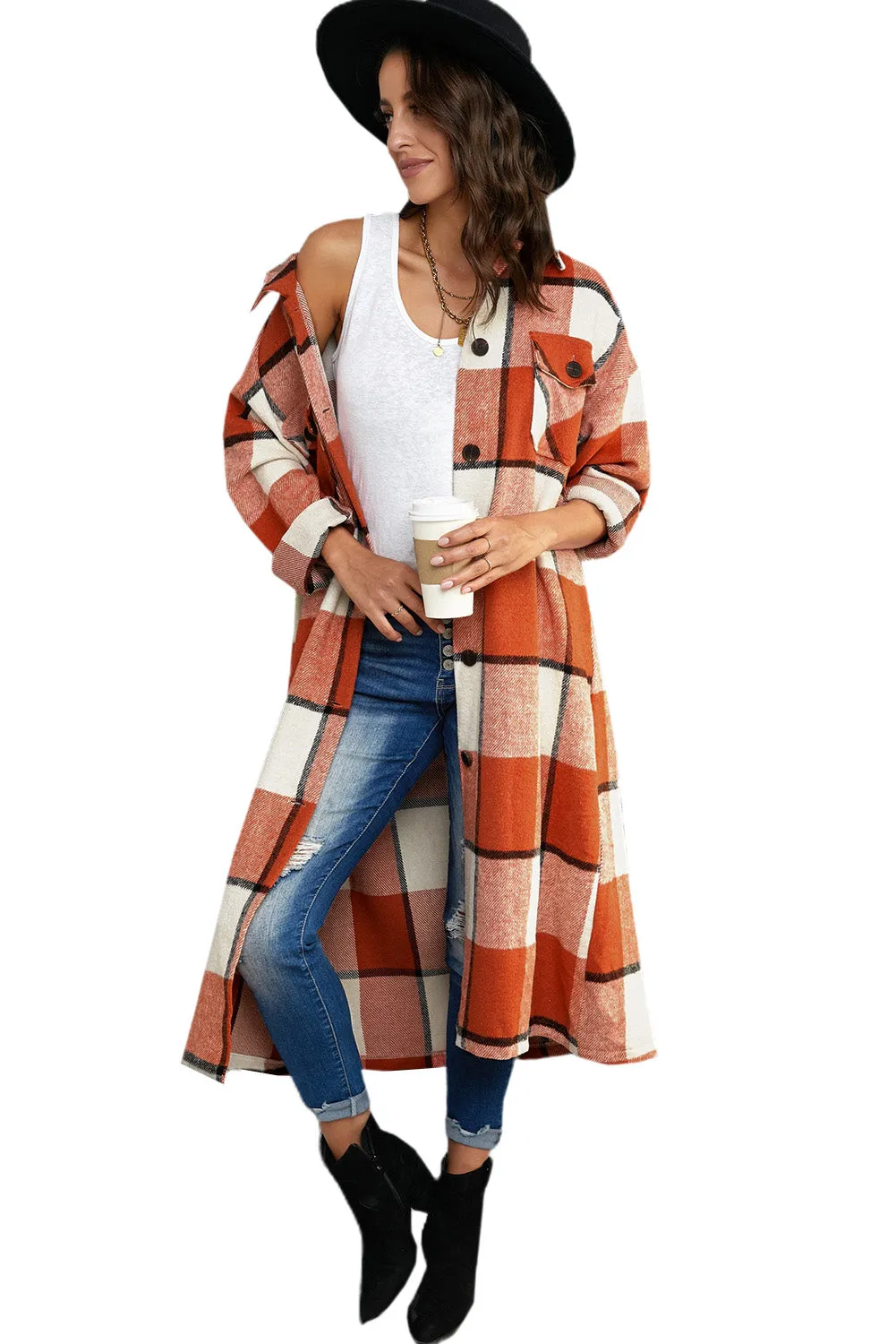 Women's Casual Shacket Jacket Pocketed Plaid Overcoat