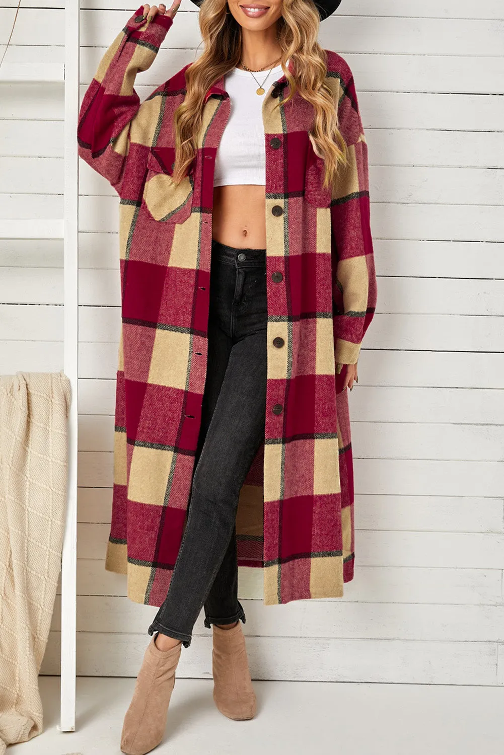 Women's Casual Shacket Jacket Pocketed Plaid Overcoat