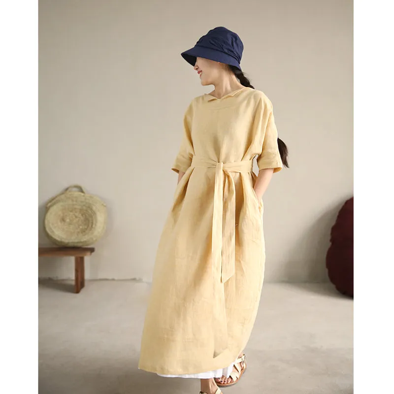 Yellow Label Collar Linen Waist Belt Dress Casual Summer  Raglan sleeves Long Women Dresses Z972913