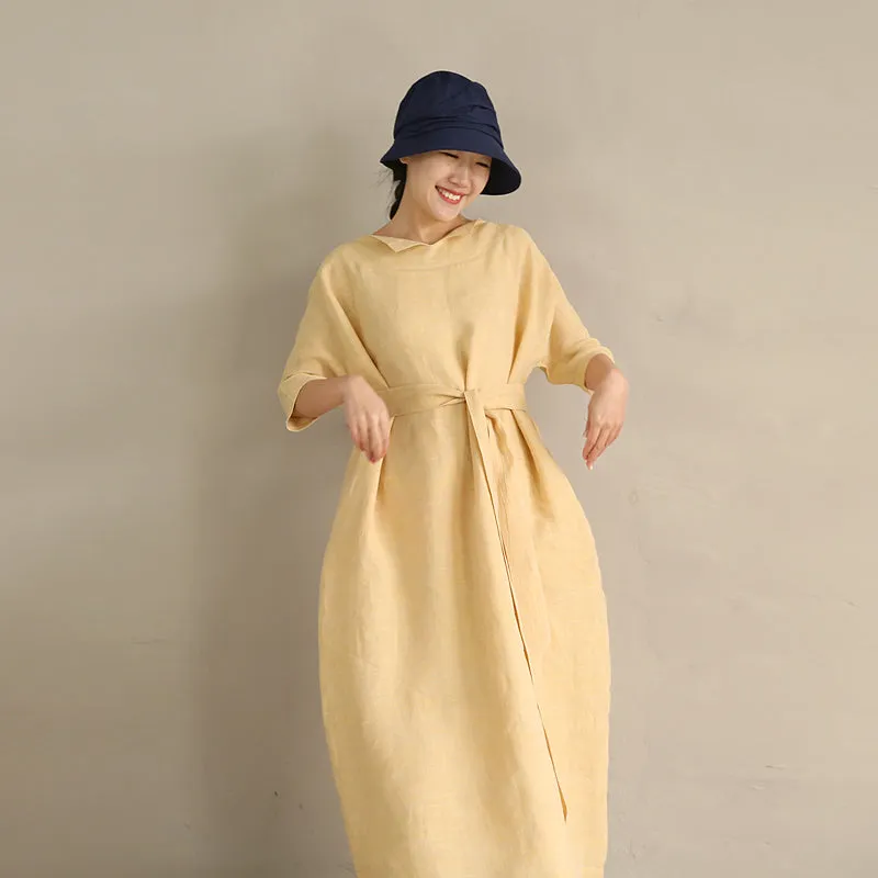 Yellow Label Collar Linen Waist Belt Dress Casual Summer  Raglan sleeves Long Women Dresses Z972913